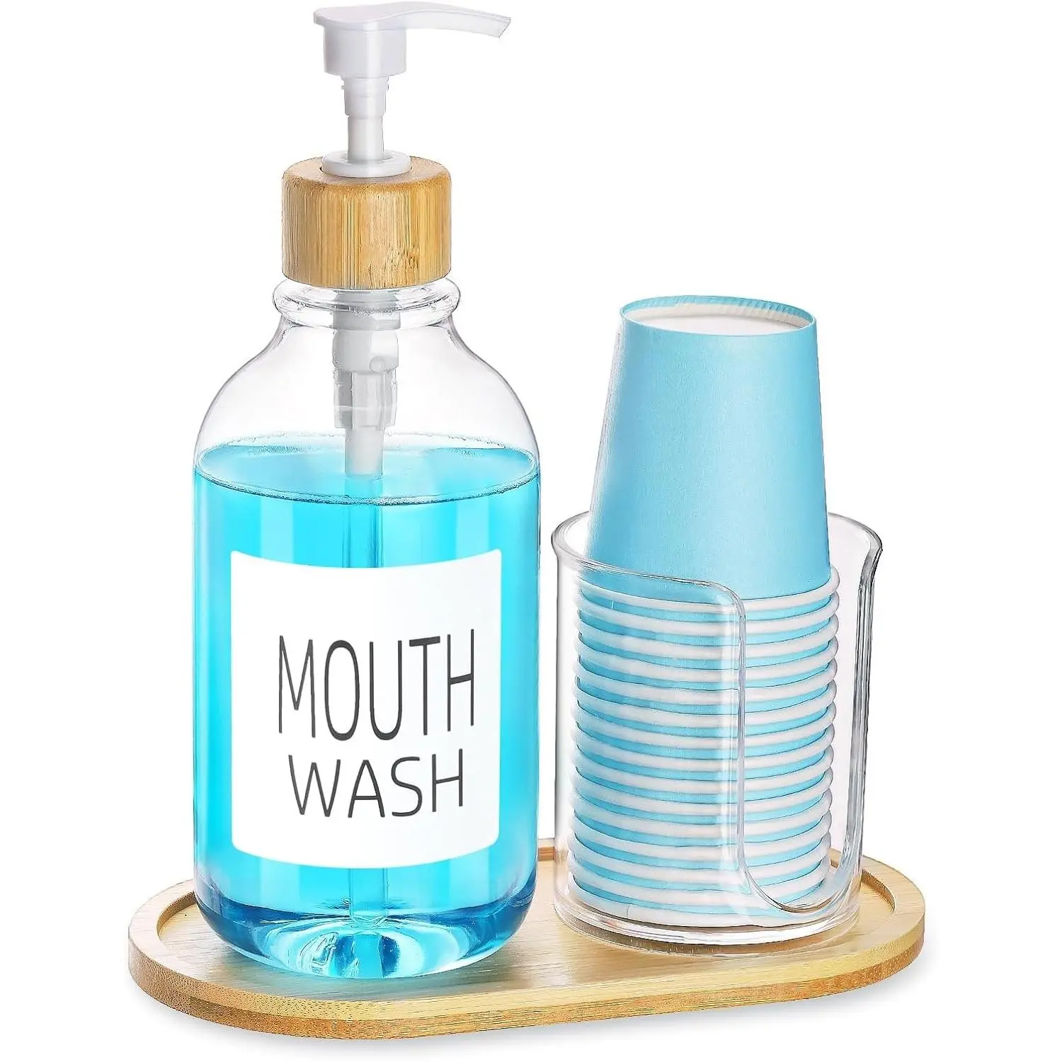Refillable 17oz Clear Mouthwash Dispenser with Cup Holder and Tray, Plastic Mouth Wash Pump Bottle Container for Bathroom Organization - Bamboo