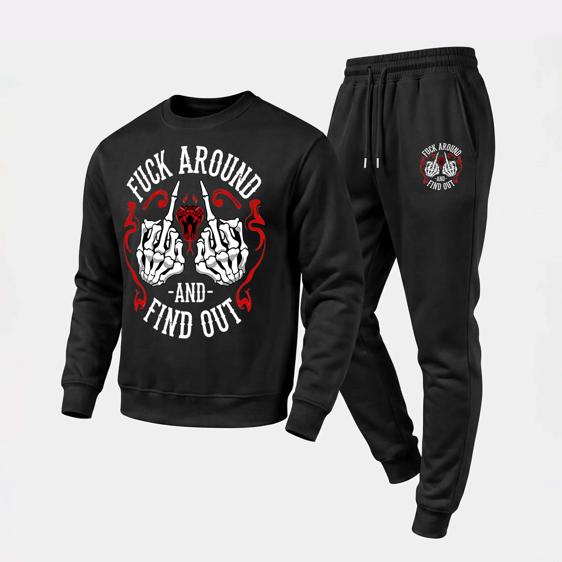 Men's “ Fuck Around And Find Out ” Sweatshirt and Jogger Pants Set, Casual Long Sleeve Pullover with Drawstring Sweatpants, Fall Winter Tracksuit for Daily Wear, Travel, Lounge, Workout and Indoor Outdoor Activities
