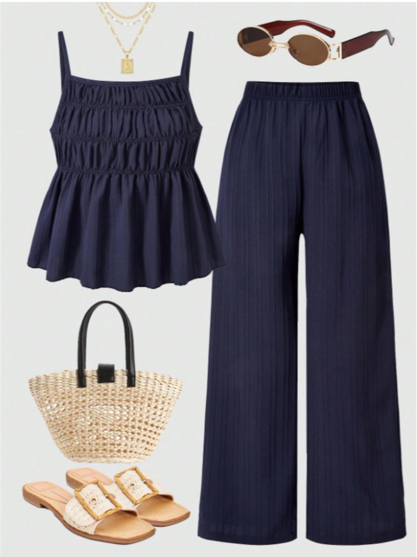 Two-Piece Set Women's Solid Color Cami Top & Wide Leg Pants Set, Street Fashion Casual Outfits for Daily Outdoor Wear, Ladies Clothes for All Seasons Two-Piece Set Women's Solid Color Cami Top & Wide Leg Pants Set, Street Fashion Casual Outfits for Daily Outdoor Wear, Ladies Clothes for All Seasons