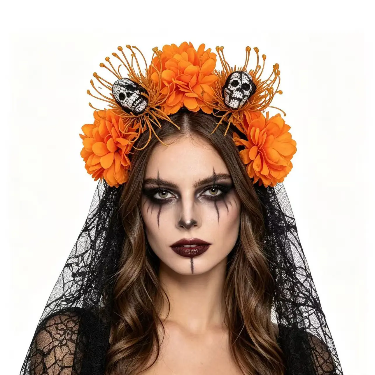 New Halloween Skull Flower Headband, Artificial Floral Lace Veil Hair Hoop, Gothic Headpiece for Women, Day of the Dead Party Costume Accessory
