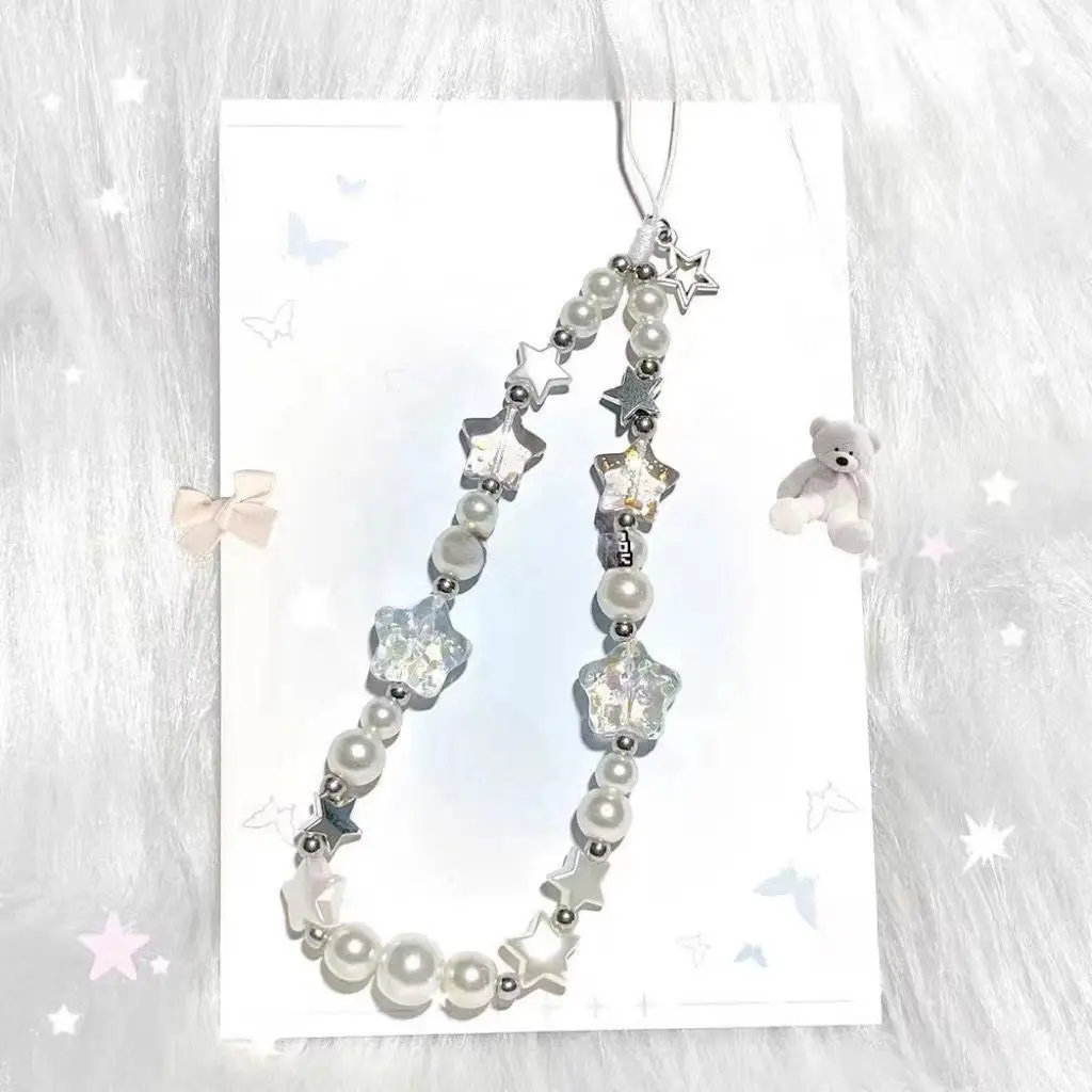 2026 Korean Style Pearl & Star Beaded Short Wrist Lanyard, Cute Girls' Pearl Star Pendant Hand Rope Phone Charm Accessories for Phone Case, Phone Accessories, Synthetic