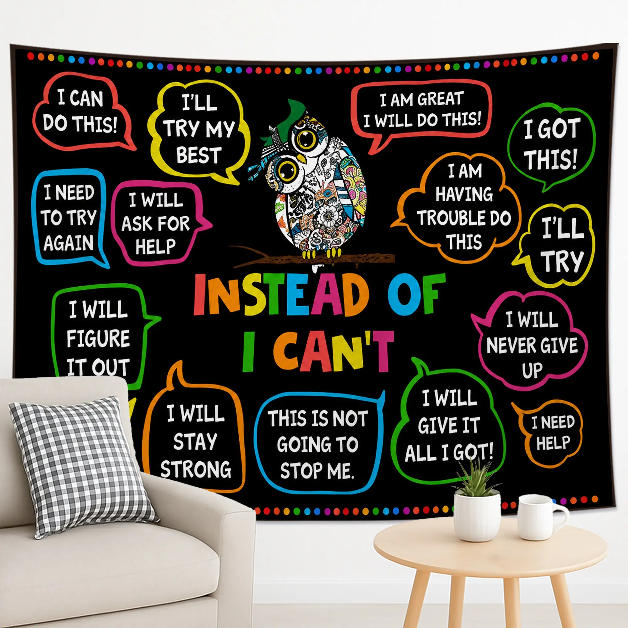 1PC Positive Affirmation Owl Wall Tapestry, Colorful Motivational Classroom Wall Decor for Study Room Classroom Kids Room, Motivational Decorative Tapestry