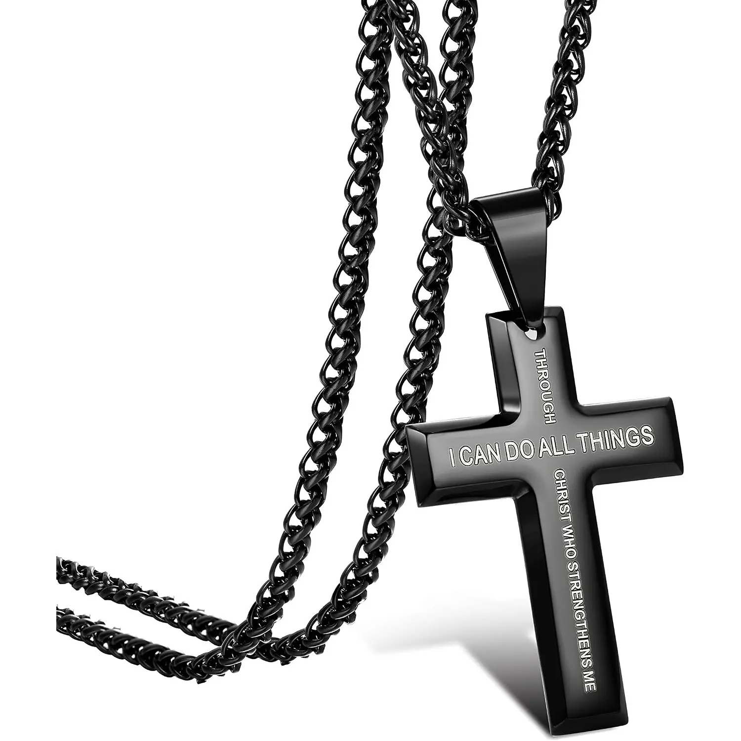 1 Pc Stainless Steel Lord's Prayer Cross Pendant Necklace, Bible Verse Philippians 4:13 Pendant, Cross Necklace for Men, 61cm Chain