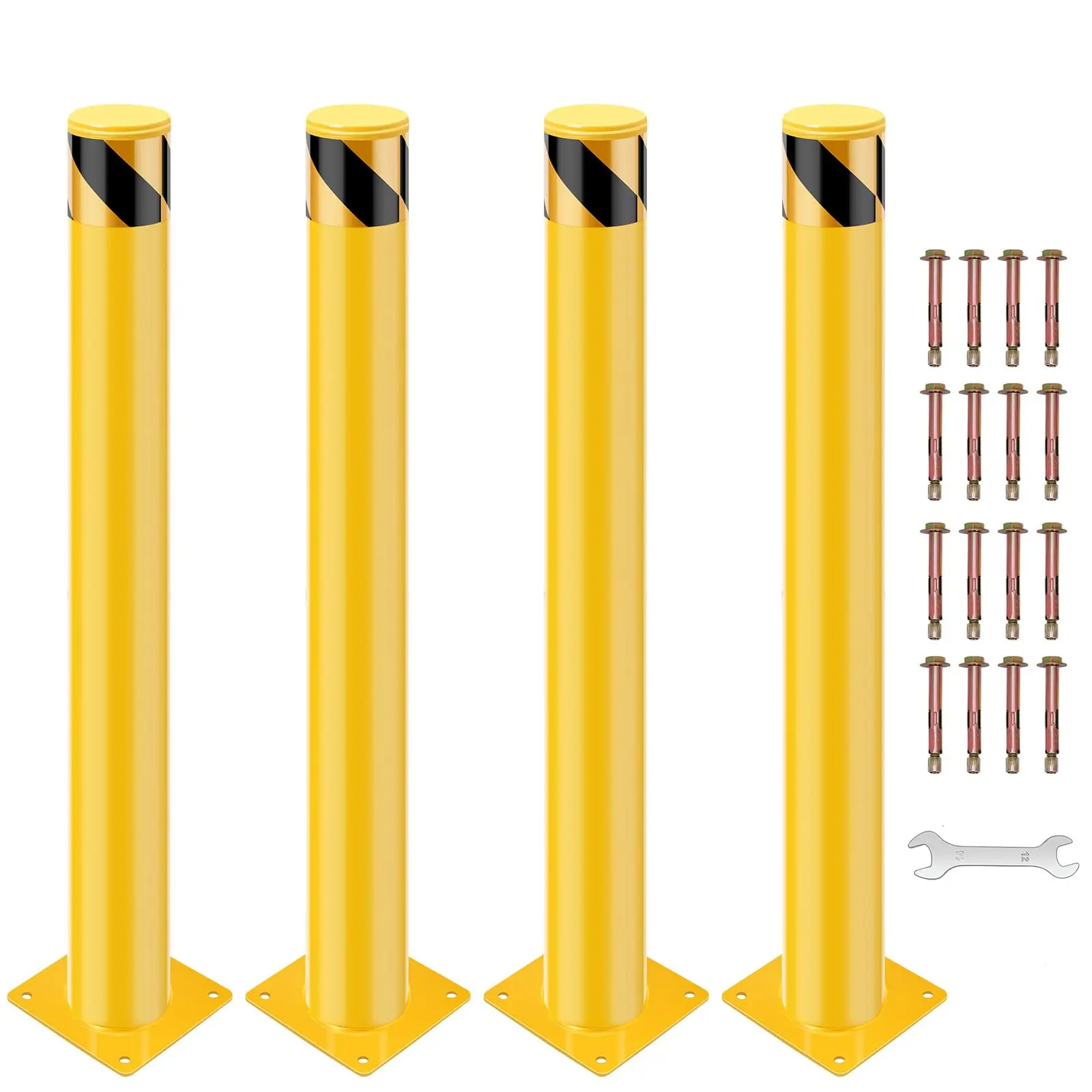 48 Inch Height Safety Bollard, 4 Pack Bollard Post with 4.5 Inches Diameter Steel Pipe, Yellow Safety Steel Bollard with 16 Anchor Bolts, Steel Bollard for Traffic-Sensitive Area
