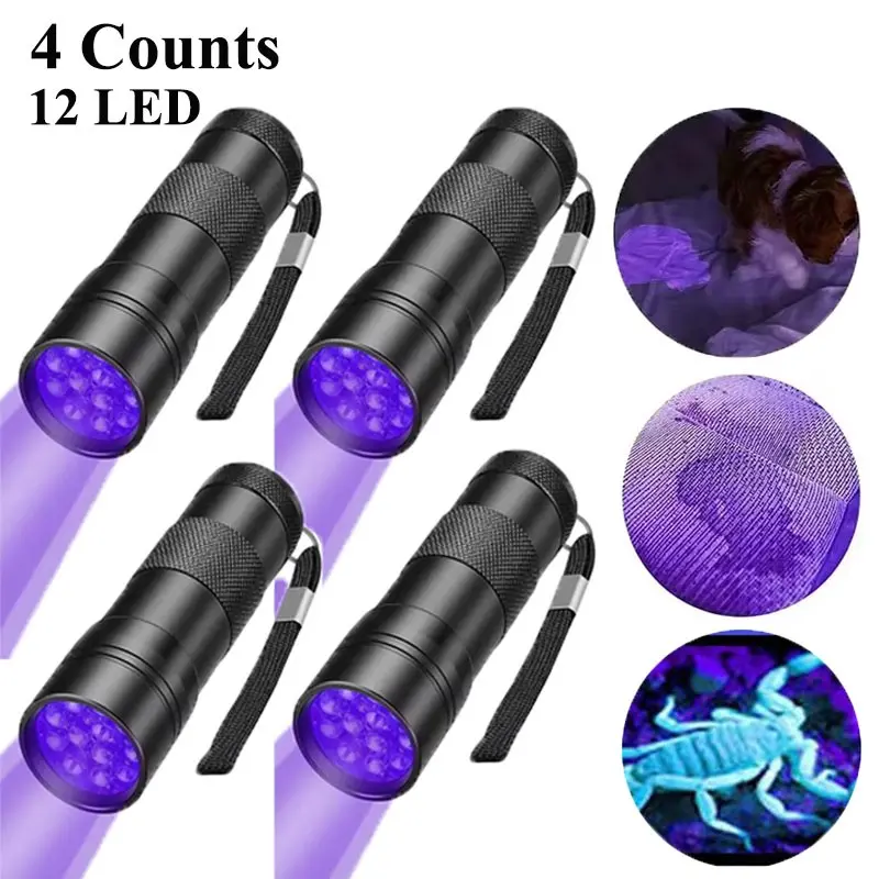 4-Pack Portable 12 LED UV Aluminum Alloy Flashlights, 395nm Mini UV Pen Light, UV Detection Currency Pet Stain Bug Detector, Outdoor Home Hygiene Check (battery Not Included)