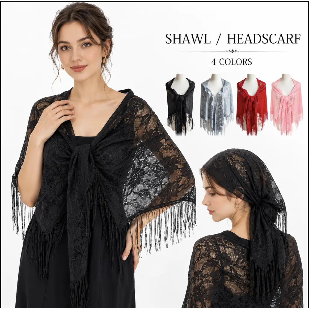 Women's Spring & Autumn Thin Weight Polyester Lace Triangular Shawl - 180x70cm Silk Scarf with Tassel Ends, Versatile Headscarf