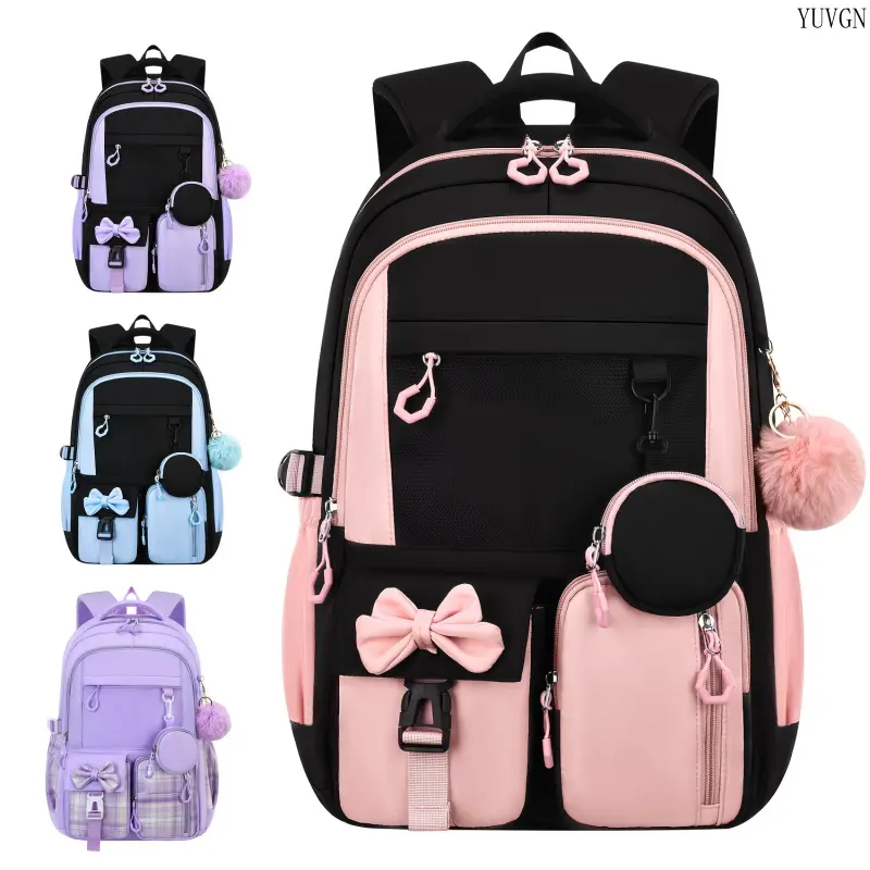 Cute Bow Decor Color-Block Backpack, Black and Pink Large-Capacity Girls Bookbag, Multi-Pocket Water-Resistant Daypack with Detachable Mini Pouch & Fluffy Pom-Pom Charm, Stylish Rucksack Perfect for School, Campus, Short Trips & Everyday Casual Wear