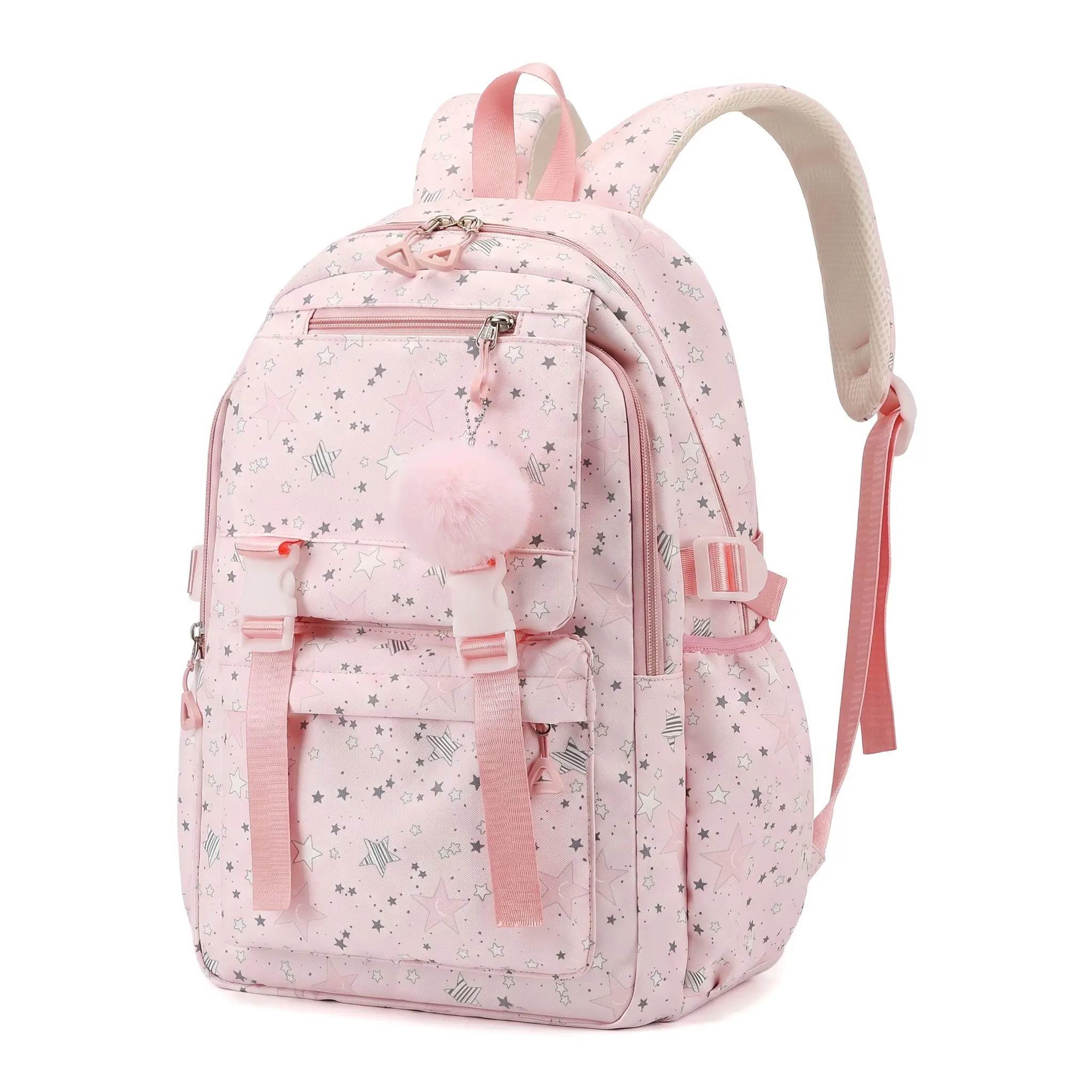 Cute Teen Campus Backpack, Chic Casual Plain Design, Roomy Multi-Compartment with Laptop Pocket, Wear-Resistant Polyester, Zipper Closure, Stylish Stitching for School Daily Use (Purple, Blue, Pink, Green)