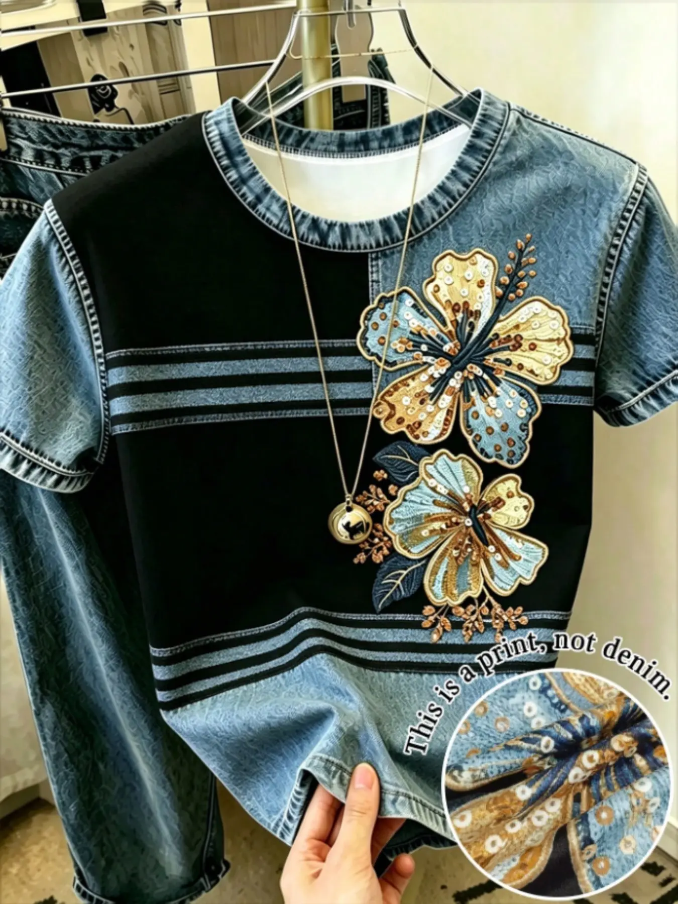 Women's Vintage Denim Patchwork Striped T-Shirt, 3D Rhinestone Floral Print Round Neck Short Sleeve Summer Casual Top