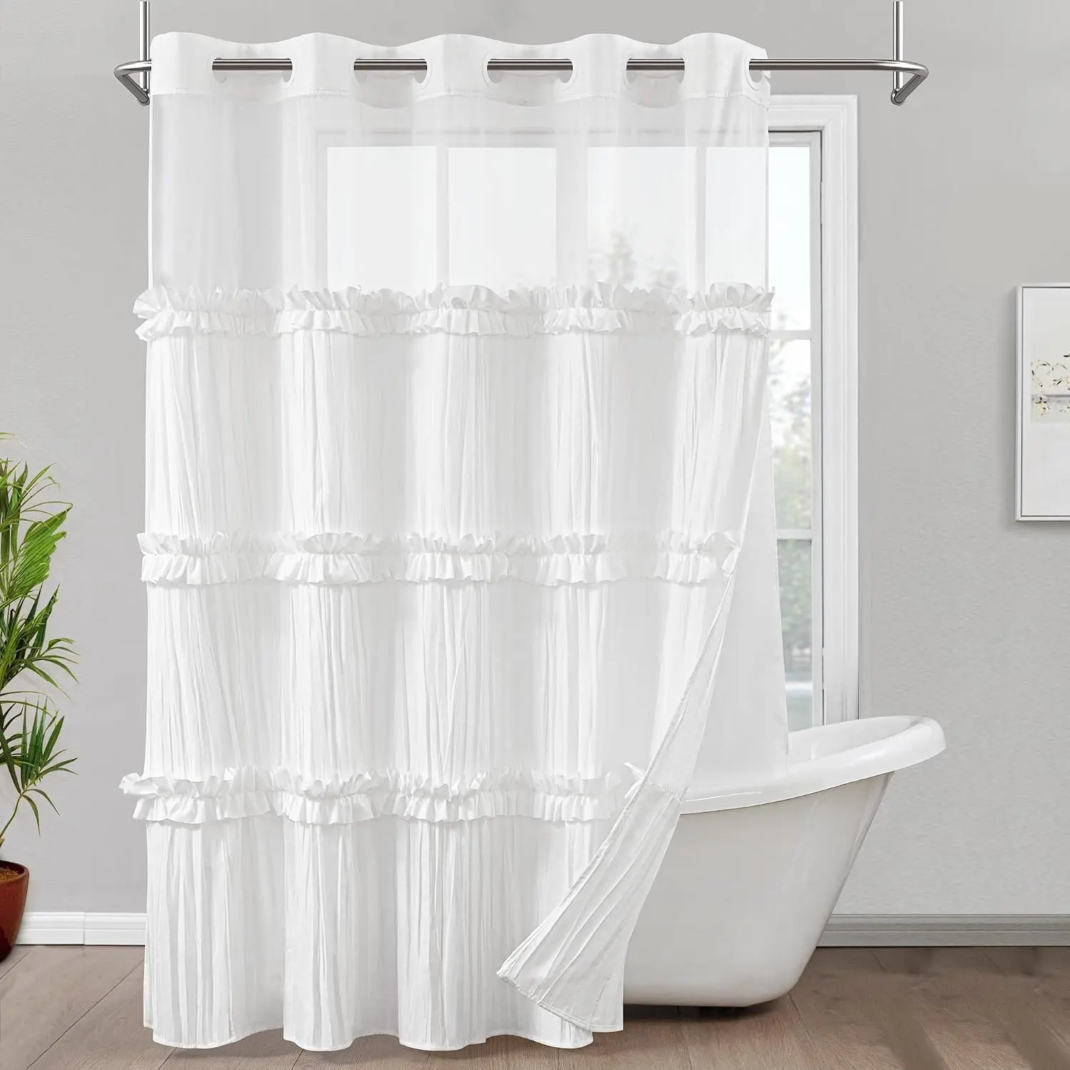 No Hook Ruffle Shower Curtain with Snap in Fabric Liner Set, Ruched Vintage Farmhouse Shower Curtain for Bathroom with See Through Window, Ruffle Pattern, 71" W x 74" L