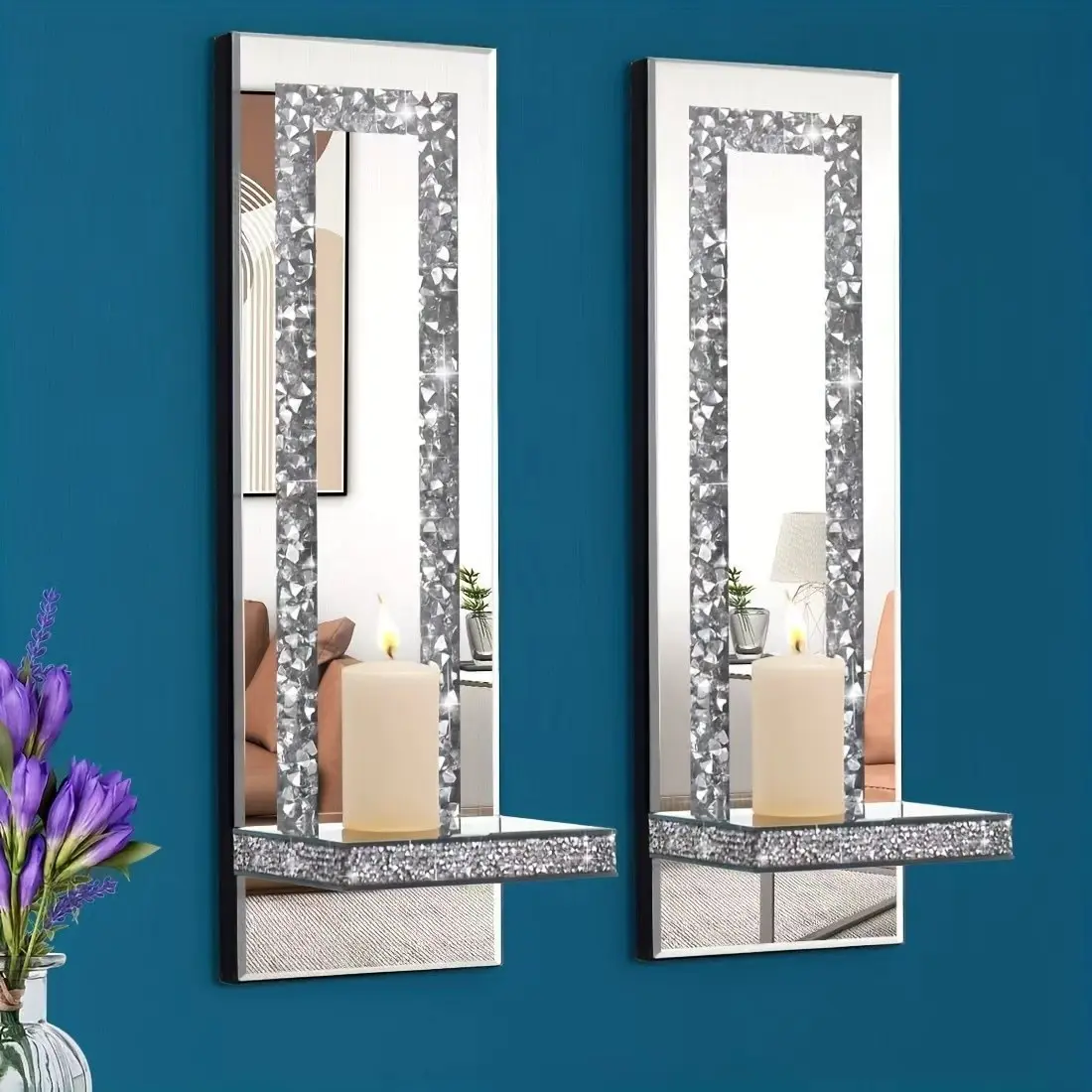 Corner Floating Shelves 2 Sets, Corner Shelf Wall Mounted Crushed Diamond, Corner Shelves Crystal Mirrored, Floating Corner Shelves for Wall, Silver Crushed Diamond Decorative Wall Shelf