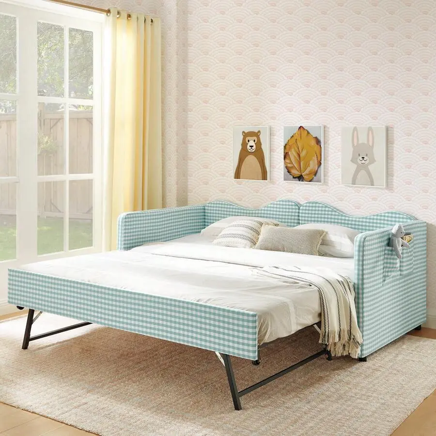 Twin Size & Full Size Upholstered Daybed With Trundle, Gingham Sofa Bed, Pull Out Guest Bed With Storage Pocket, Solid Wood Day Bed Frame, Space Saving Multifunctional Bed Bedroom, Apartment, Guest Room, Living Space