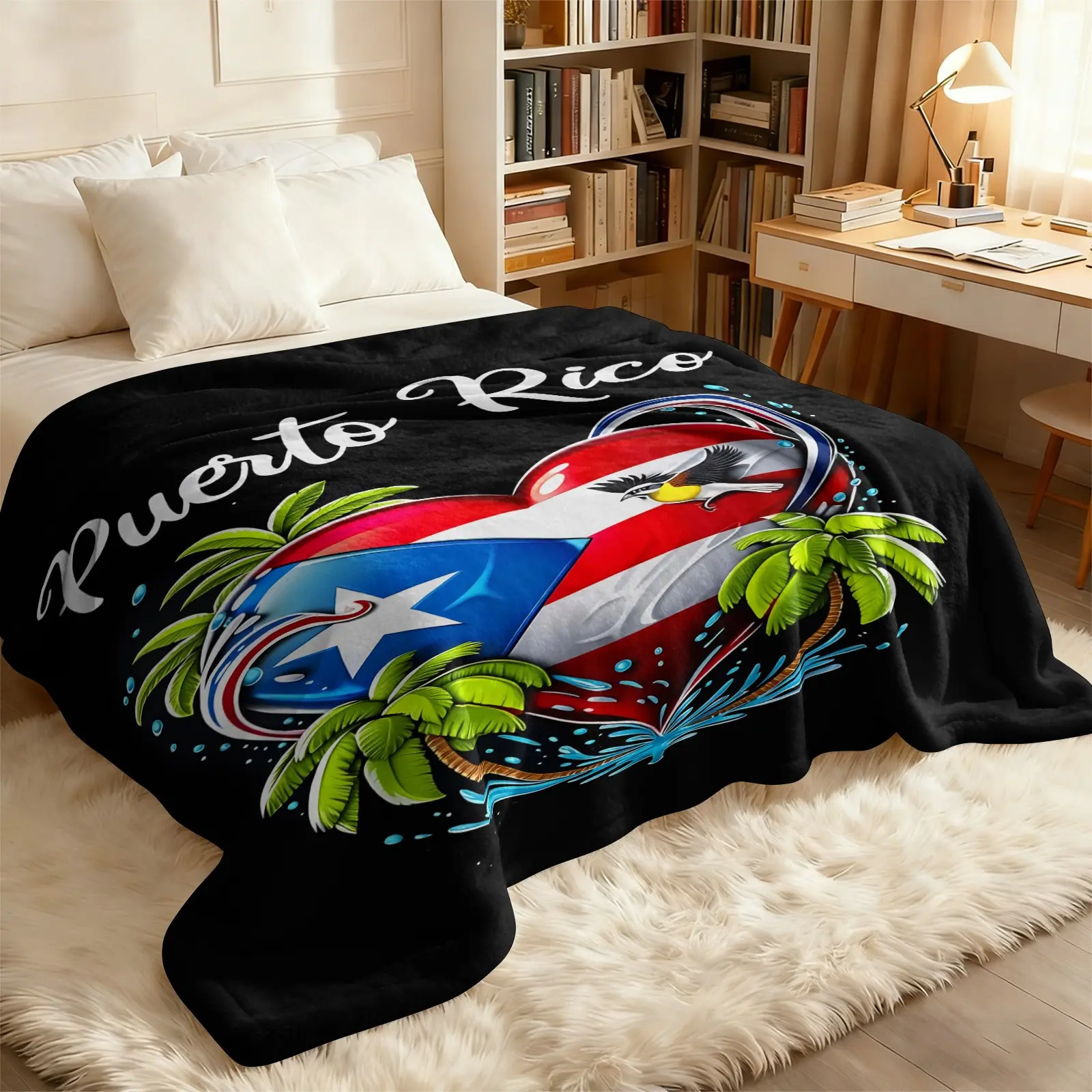 Black Base Heart Puerto Rico Flag Throw Blanket, Tropical Palm Tree Tropical Bird Water Splash Drop Print Soft Flannel Blanket, Caribbean Latino Boricua Pride Decor Blanket for Sofa Couch Bed Travel Camping All Season Use