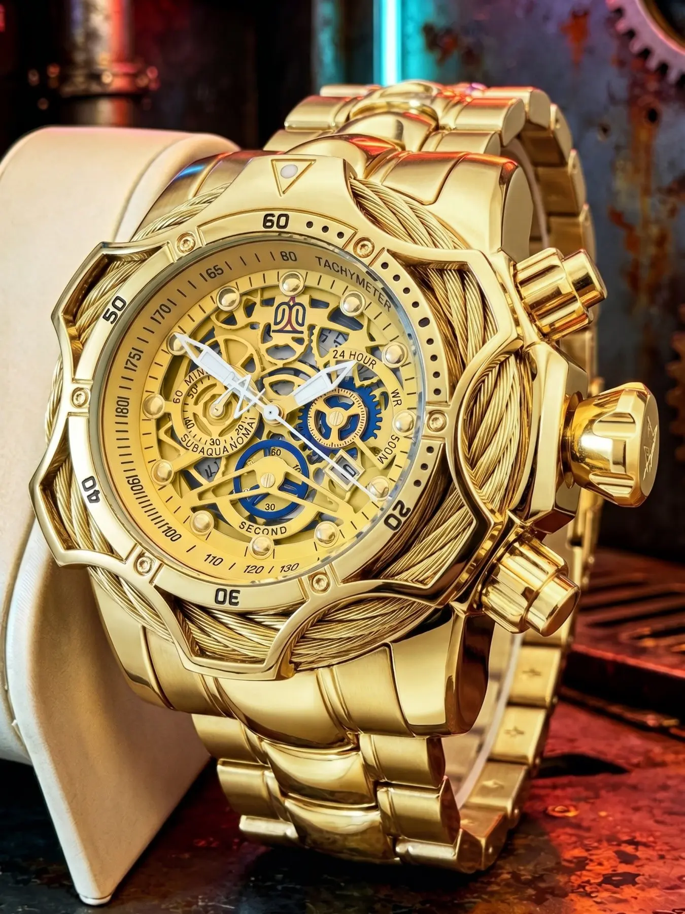 Large Dial Men's Quartz Analog Wristwatch, Mechanical Style, Calendar Waterproof, Stainless Steel Strap, Glow-In-The-Dark, Punk Fashion, Business Casual