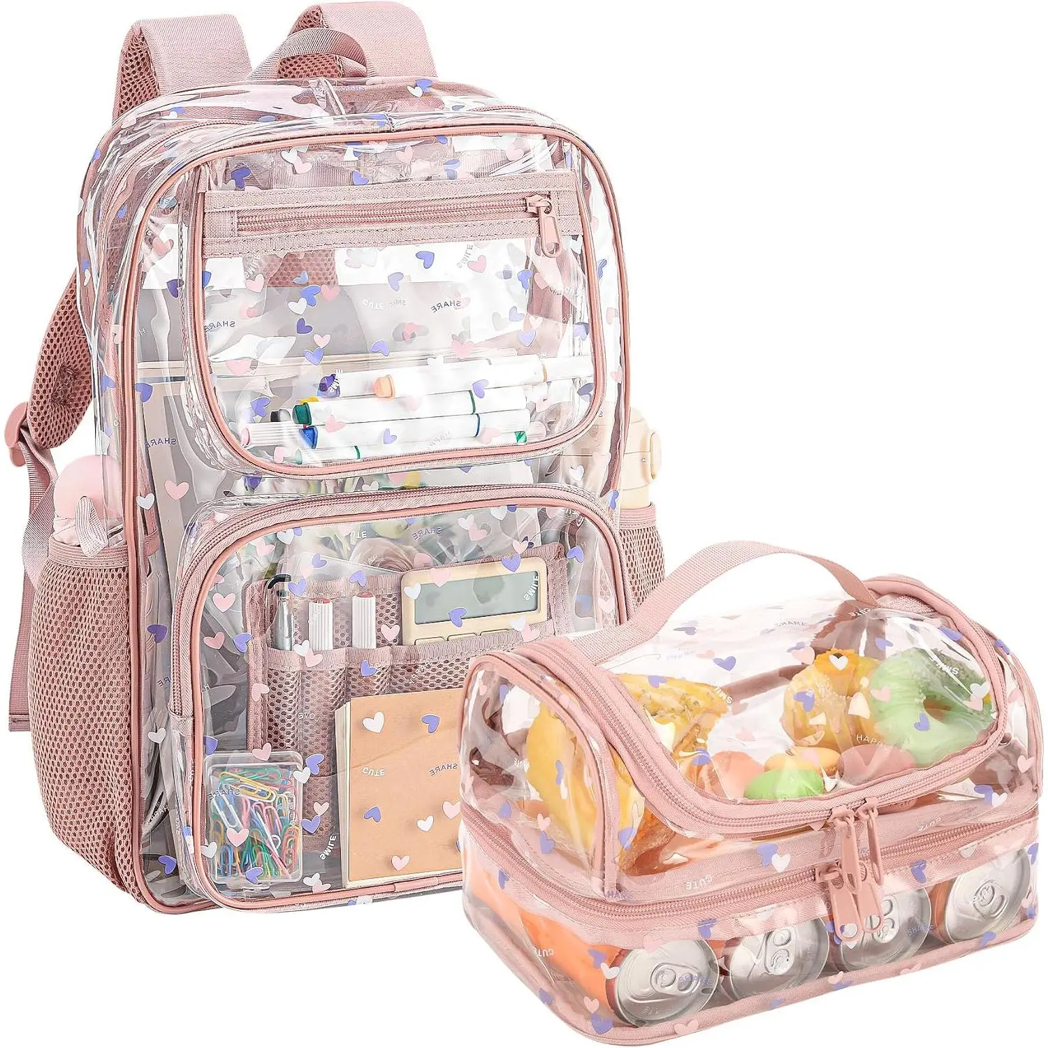 Clear Backpack for Girls with Lunch Bag Daypack Bookbag,Pink set| Cute pink floral Transparent See Through backpack & lunch tote set for girls.Perfect for school, daycare, and playdates
