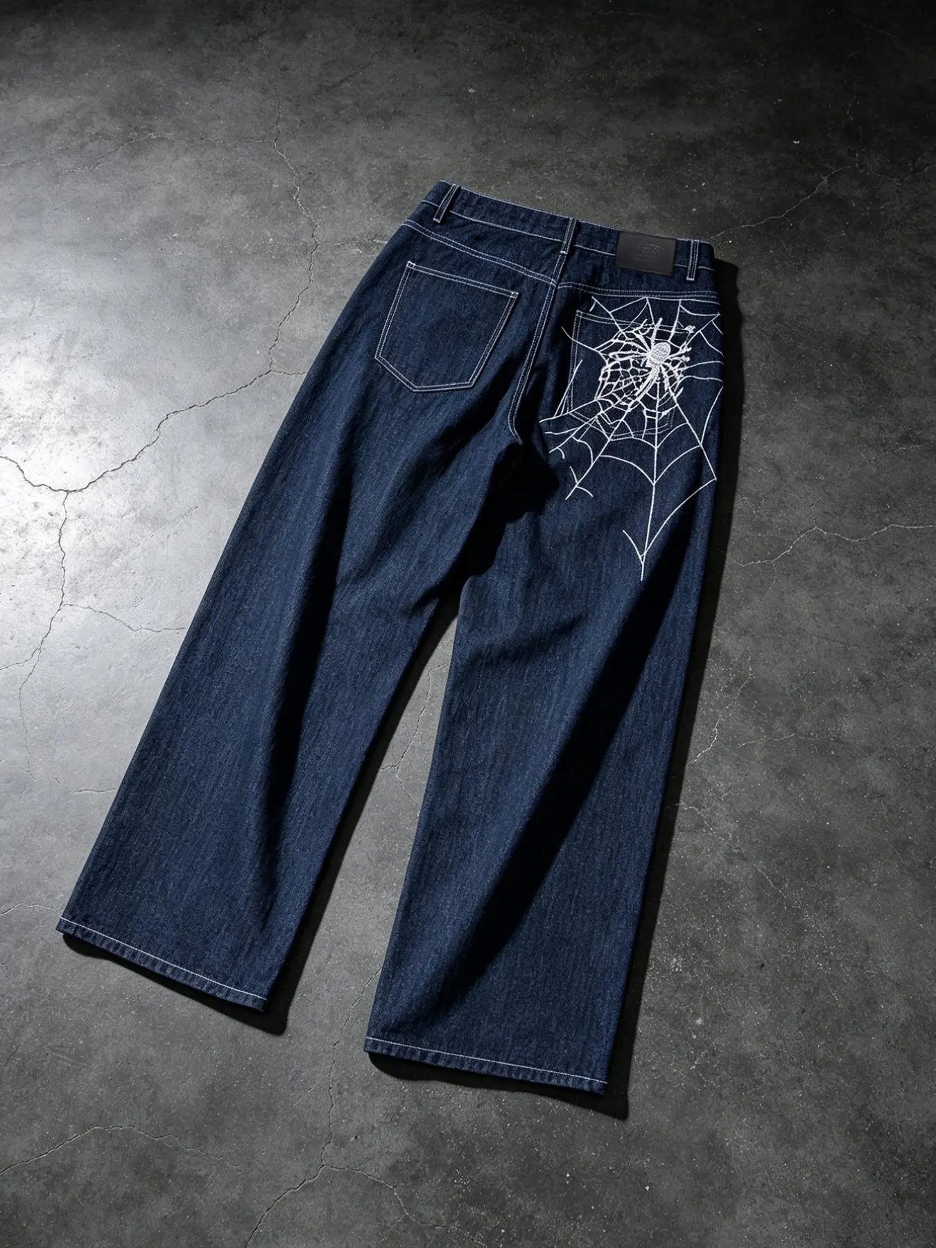 Men's Vintage Deep Blue Washed Dark Wash Wide Leg Jeans, Spider Web Embroidery, Loose Fit, Street Style, All Seasons, Casual Long Pants