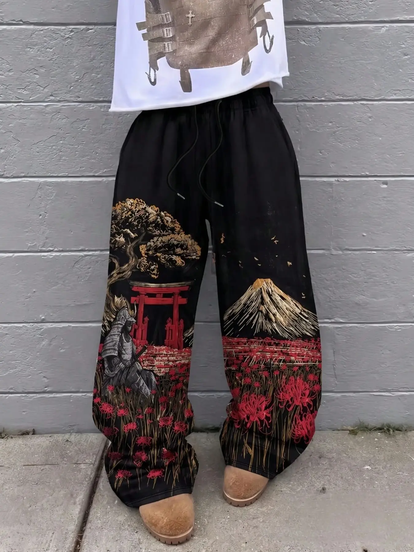 Vintage Y2K Ukiyo-E Samurai Graphic Landscape Print Loose Baggy Wide Leg Oversized Casual Pants, Breathable Knit Fabric, Traditional Japanese Art Long Pants, Casual Comfy Pants