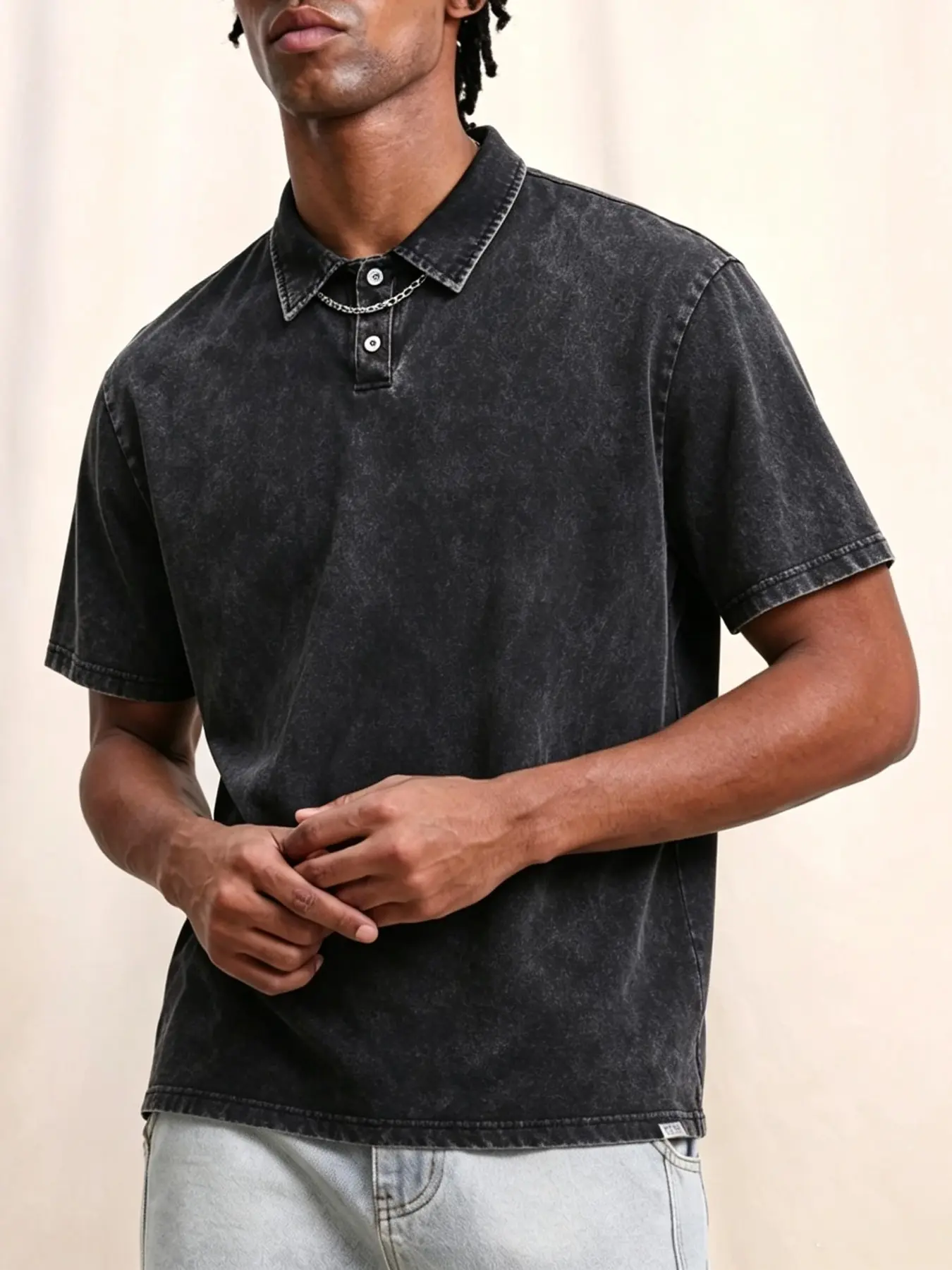 Men's 100% Cotton Vintage Washed Polo Shirt, Retro Short Sleeve Polo Top, Two Button Notch Lapel Design, Comfortable and Stylish