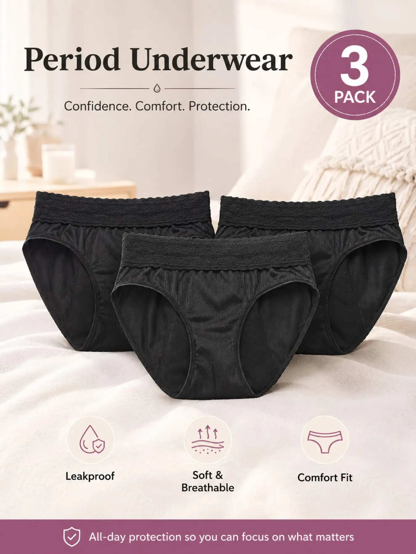 Women's Leak-Proof Period Underwear (3-Pack), Lace High-Waist Elegant Absorbent Panties, Washable Leak-Proof Design, Comfortable Fit for All Seasons
