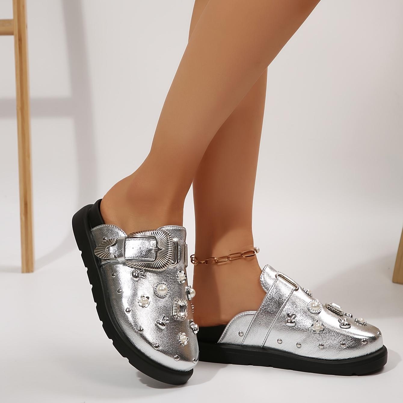 Women's Retro British-Inspired Platform Mules with Rivet Details - Slip-On, Round Toe, Faux Cover Casual Shoes