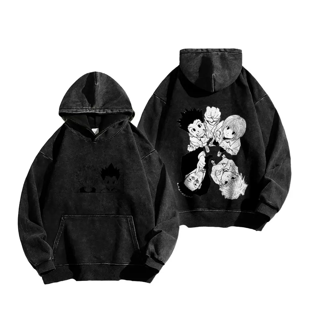 Unisex Vintage Washed Hunter x Hunter Pullover Hoodie, Gon Killua Kurapika Leorio Front & Back Double-Sided Graphic Sweatshirt, Retro Distressed Oversized Anime Streetwear Hooded Top for Men Women