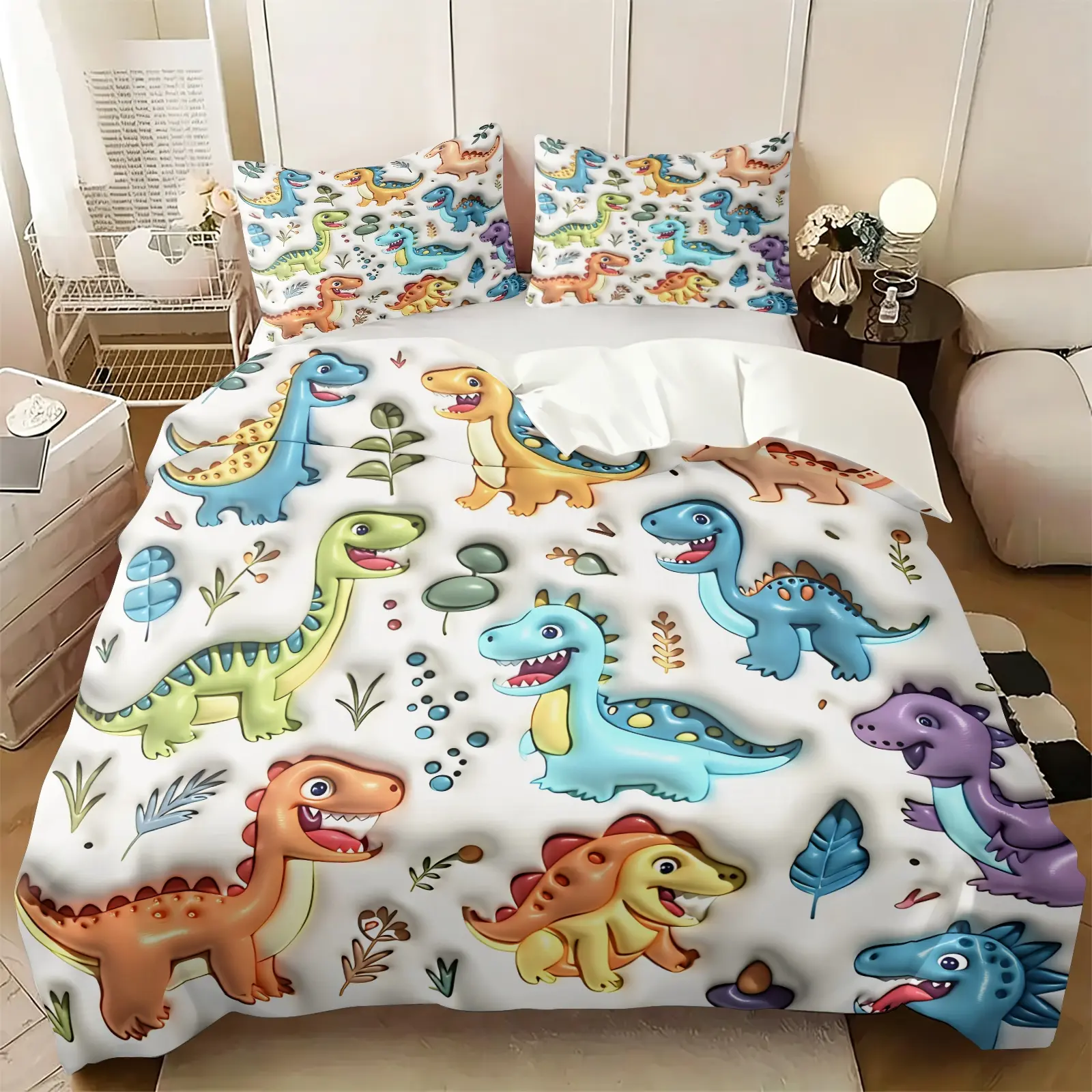 Colorful 3D Cartoon Jurassic Dinosaur Kids Print Duvet Cover Set, 1 Duvet Cover & 1-2 Coreless Pillowcases, Soft Cozy Skin-Friendly Jurassic Bedding All Size, Cartoon Jungle Reptile Bed Set, Lovely Bedroom Decor & Gift For Little Boys