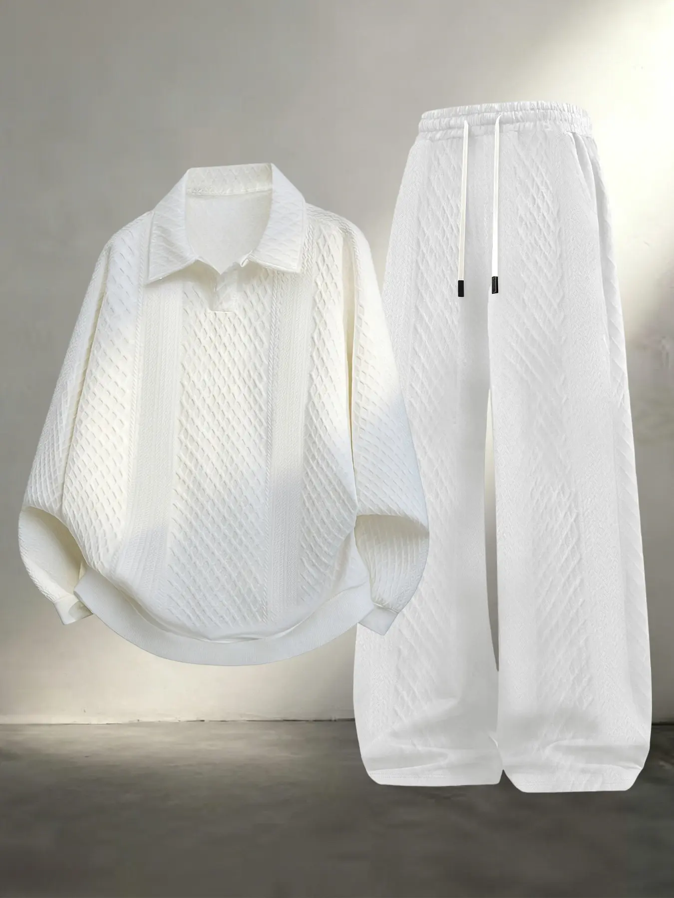 Men Diamond Textured Two Piece Tracksuit, Lapel Collar Half Button Long Sleeve Top & Elastic Drawstring High Waist Wide Leg Pants, Loose Fit Daily Casual Loungewear Outfit Set #TexturedCoOrds #PoloLoungewearSet #WideLegPantsSet