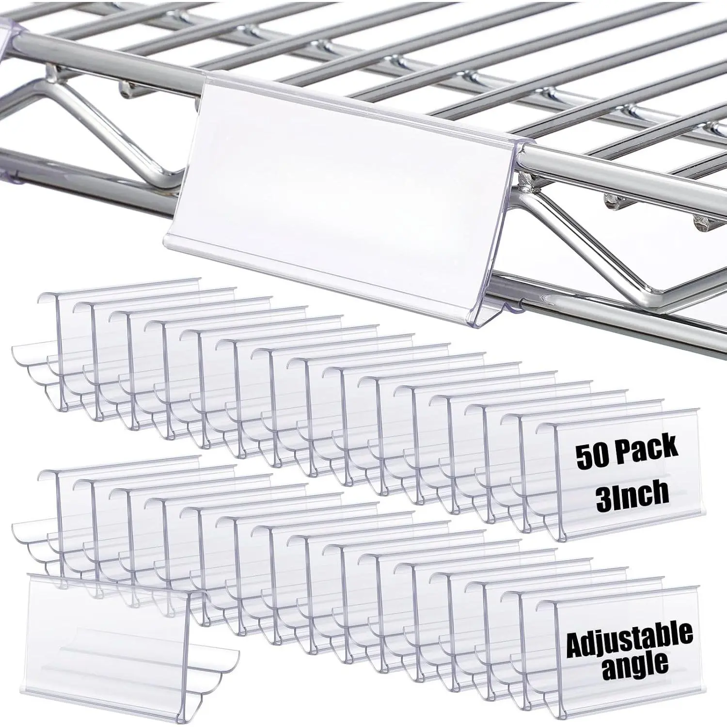 50 Pack Wire Shelf Label Holders Shelf  Tags for Wire Shelving 3 Viewing Angles 3" Adjustable Clear Plastic Rack Label Holder Retail Clips Compatible with 1-1/4in Metro Shelving