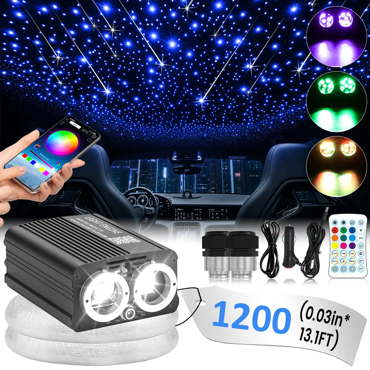 1200pc 4M 32W Starlight Headliner Kit Twinkle Meteor Fiber Optic Star Light Headliner Kit Starry Sky Galaxy Lamp Car Home Roof Ceiling Ambient Light Luxury Car Interior Mod Bedroom Atmosphere Decor Lighting