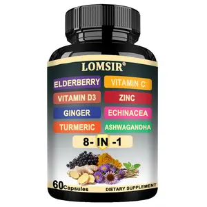 Elderberry Immune Support Supplement 8-in-1 Formula with Echinacea, Vitamin C & Zinc, Vitamin D3, Turmeric, Ginger, Ashwagandha – 60 Capsules