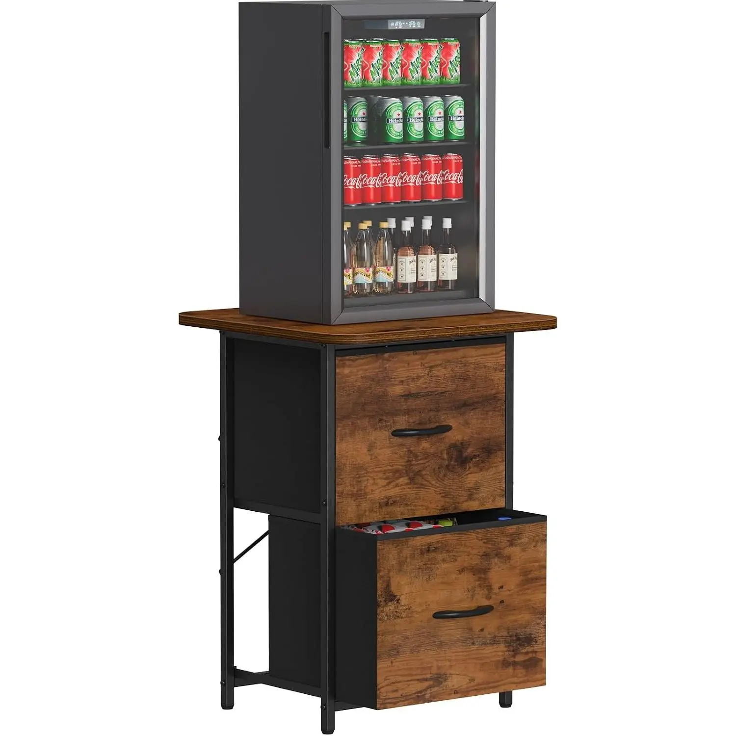 Mini Fridge Stand with Storage, Mini Fridge Cabinet Small Refrigerator Table Stand with Drawers, Heavy Duty 220 LBS, Compact Beverage Cooler Rack Shelf for Dorm, Apartment, Office Coffee BarGift