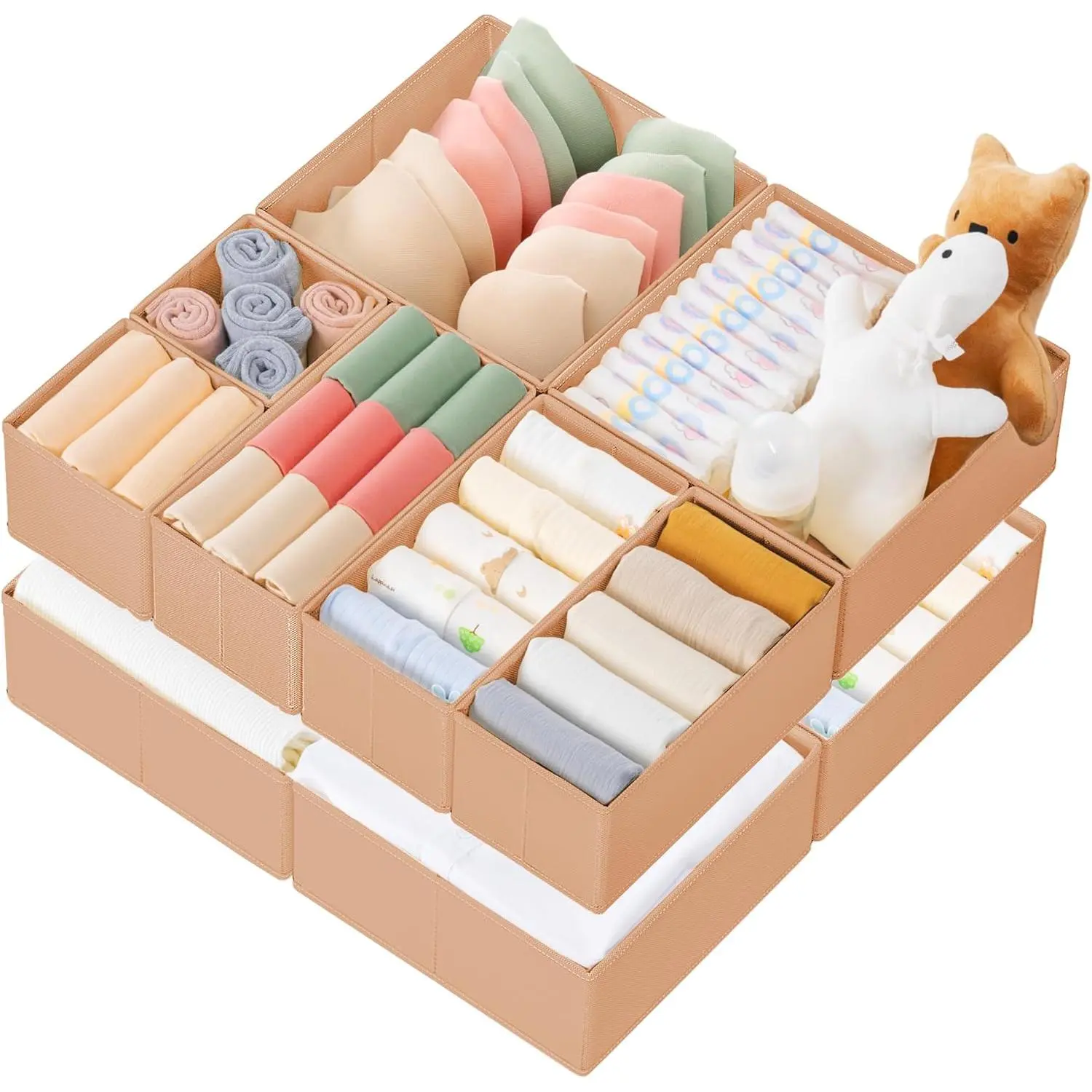 Drawer Organizer Clothes, 10 Pack Dresser Organizer for Baby Clothes, Underwear, Sock- Foldable Closet Organization and Storage Dividers Bins for Nursery, Bedroom (Brown)