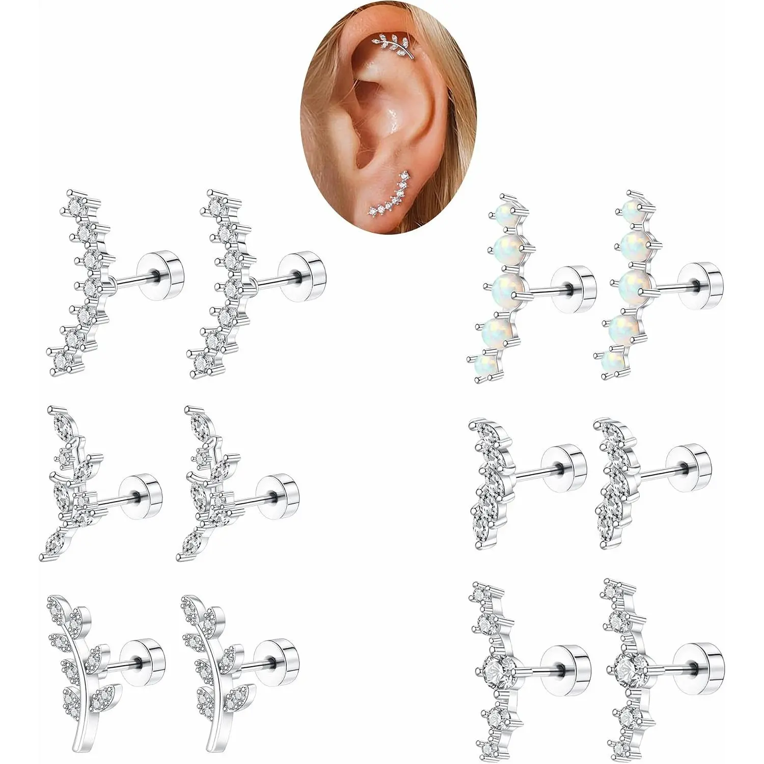 12PCS Cartilage Earrings Helix Piercing for Women Silver Hypoallergenic Surgical Steel Flat Back Opal CZ Dainty Tragus Conch Piercing Gifts Set