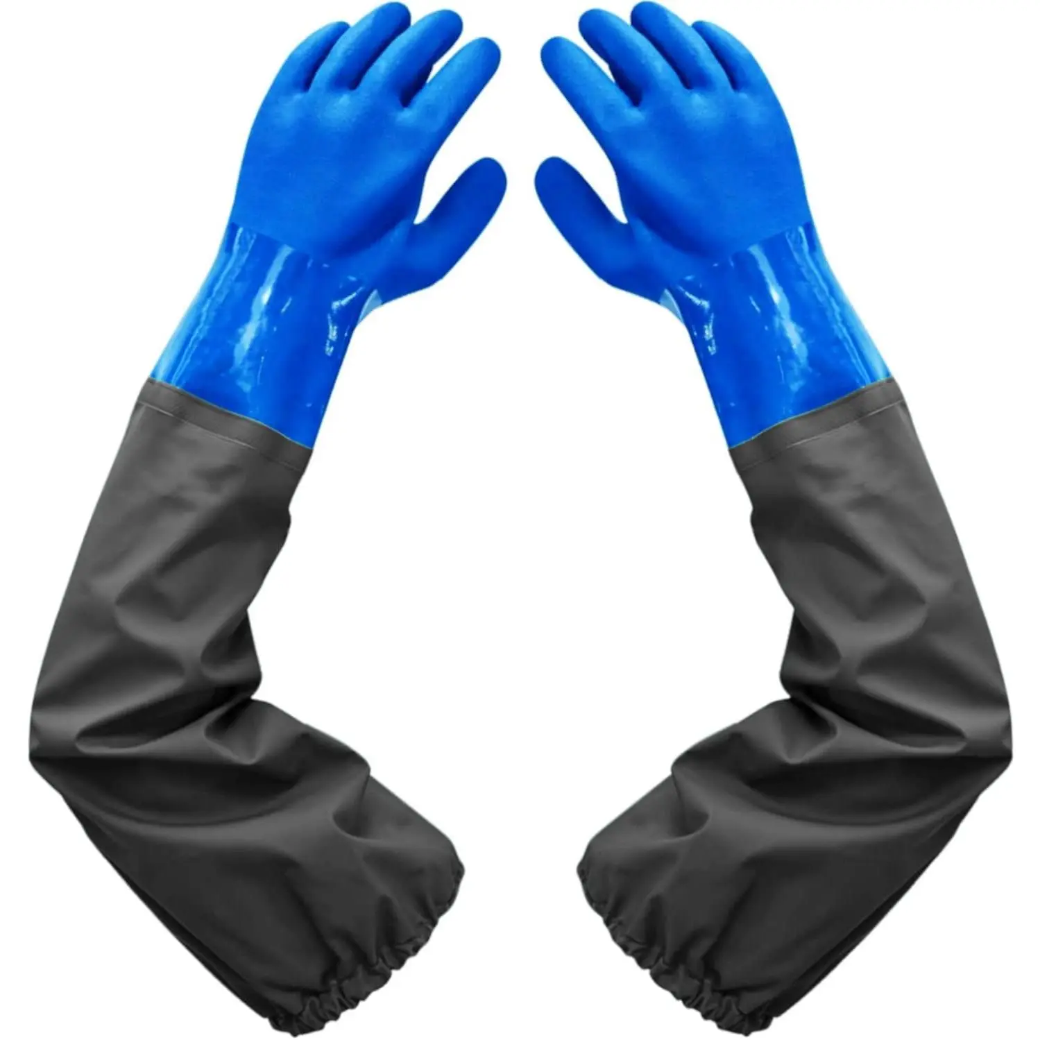 Men's Heavy Duty PVC Chemical-Resistant Waterproof Gloves, 25in Long Rubber Gloves for Chemical, Acid Work & Cleaning, Large-Blue, Protective Gear