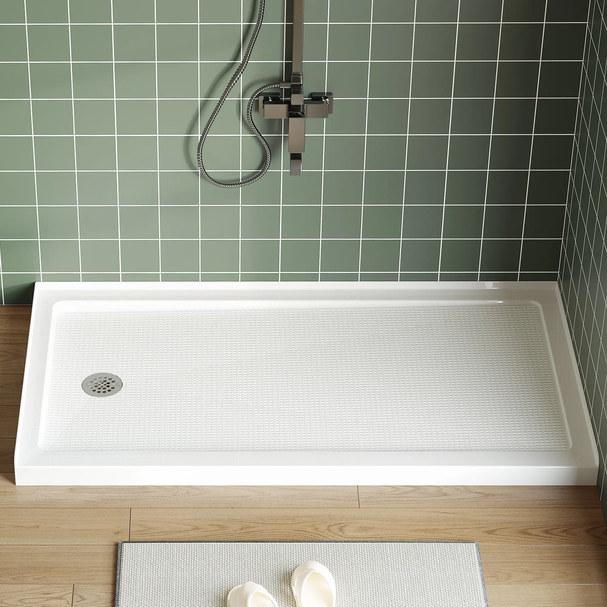 Acrylic Shower Pan Kit, Single Threshold Shower Base with Non-Slip Surface, Center Drain & Stainless Steel Drain Cover Assembly for Shower Enclosure
