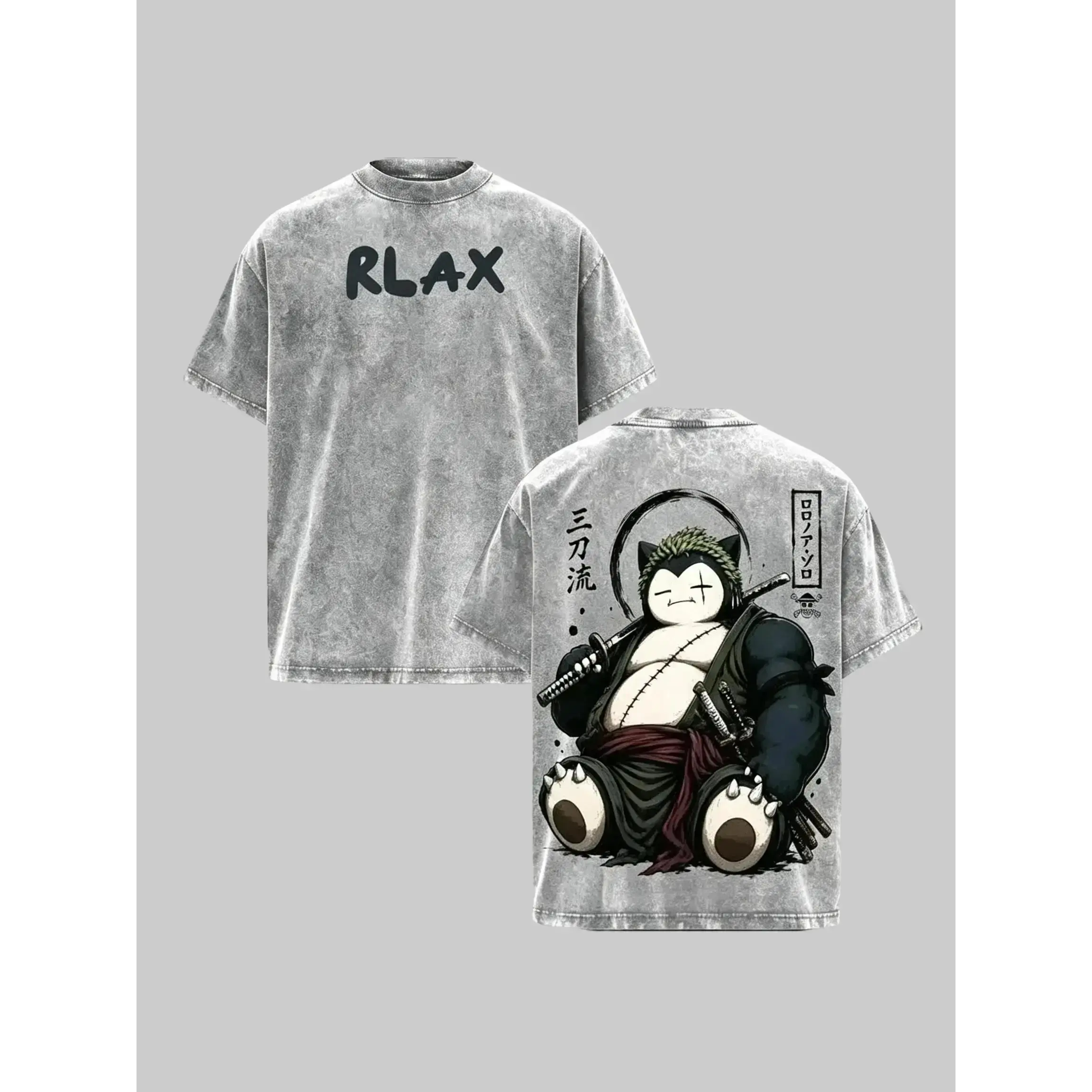 Men's Snorlax & 1 Piece Roronoa Zoro Menswear Shortsleeve Crewneck Graphic Tee - Vintage Graphic Tees, Loose Anime Streetwear, 3-Sword Look, Japanese Kanji Washed Print, Oversized Fit, Printed Art, Kanji Graphics, Crew Neck