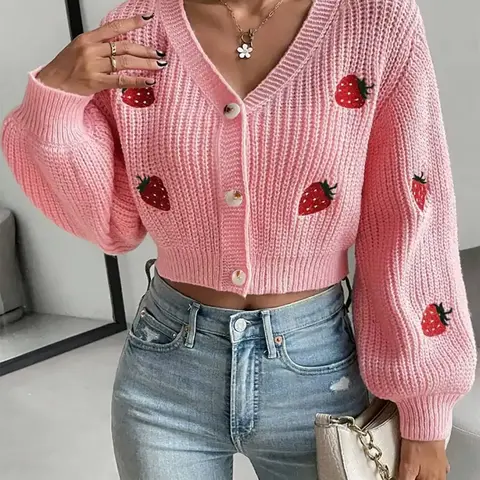 Women's Strawberry Embroidery Button Front Crop Cardigan, Casual Drop Shoulder Long Sleeve V Neck Knitwear Fit Medium for Fall & Winter, Fashion Ladies' Knitting Clothing Tops for Daily Wear, pink cardigan, Womenswear, Oversized, Knitted Sweater Cardigan