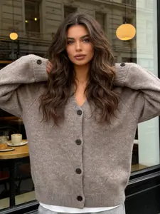 Women's Solid Color Button V-Neck Long Sleeve Split Casual Knit Cardigan Sweater, Stylish and Comfortable, Perfect for Daily Wear