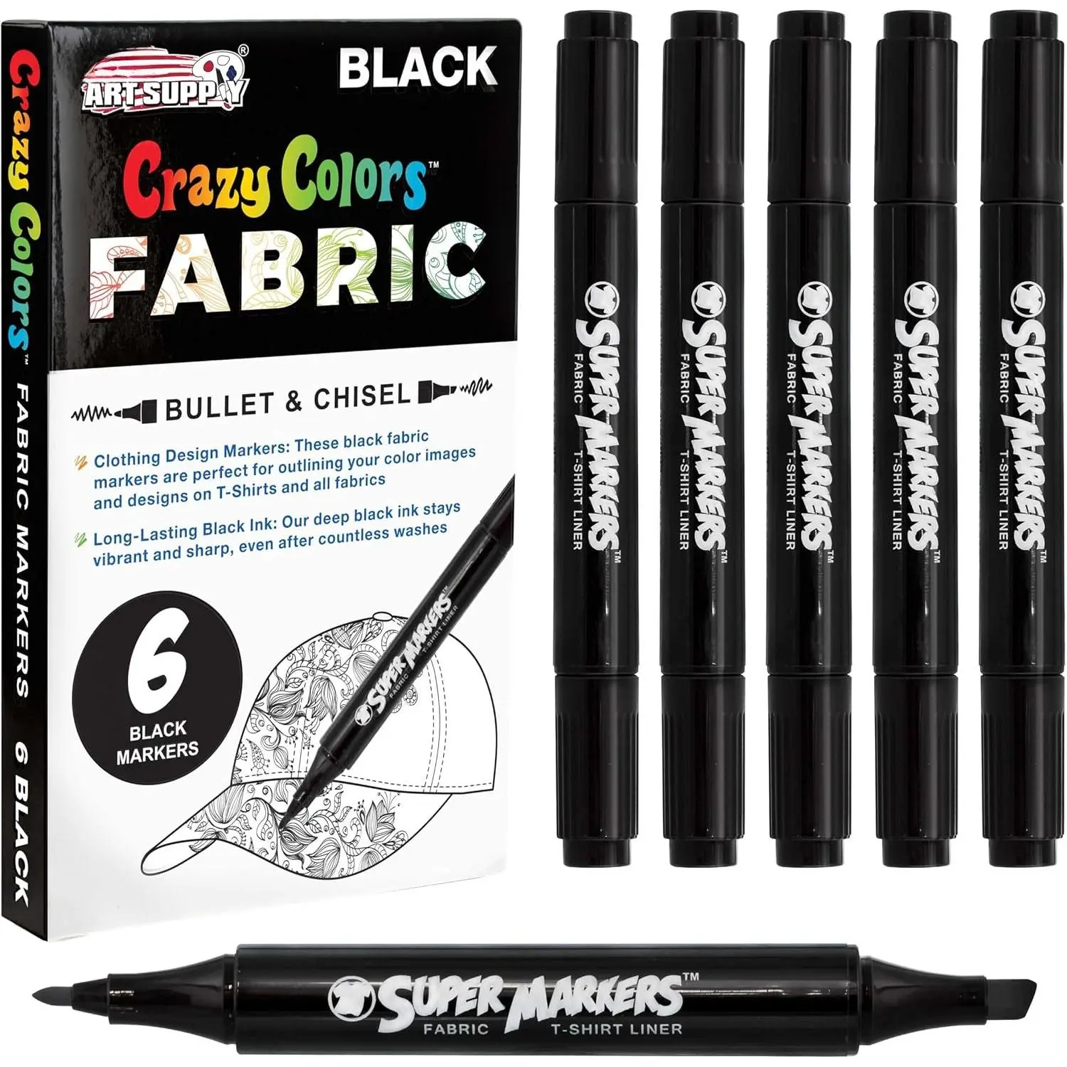 Super Markers Black  Tip Fabric Markers Permanent for Clothes - Set of 6 Fabric Pens with Permanent Ink, Double-Ended with Chisel Point and Fine Point Tips