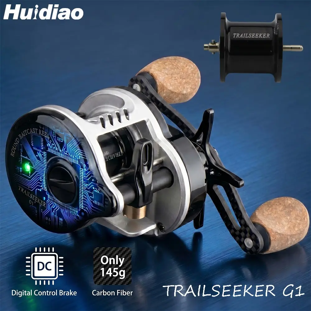Huidiao TRAILSEEKER G1 DC Round Baitcaster 145g/5.11oz Ultralight BFS Drum Reel Fishing Gear Digital Control Braking System Anti-Backlash Carbon Fiber Body/Handle 7.2:1 Light Lure Casting Fishing Equipment for Finesse Fishing