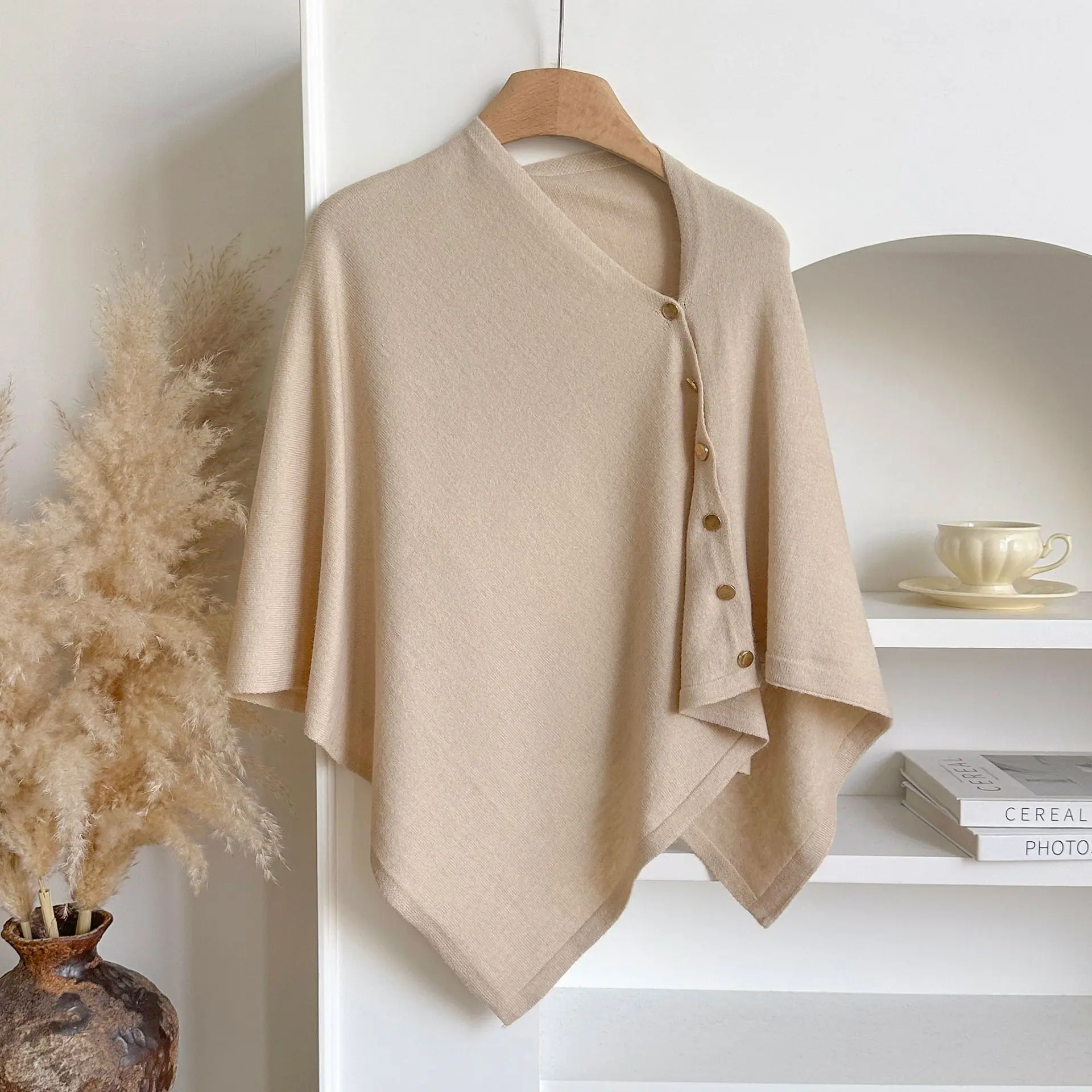 Knit Shawl Cape for Women, Elegant Faux Wool Blend Outerwear with Buckle, Soft & Warm Thickened Fabric for Daily Outings & Office, Cape/Cloak, Clothes, Every Day