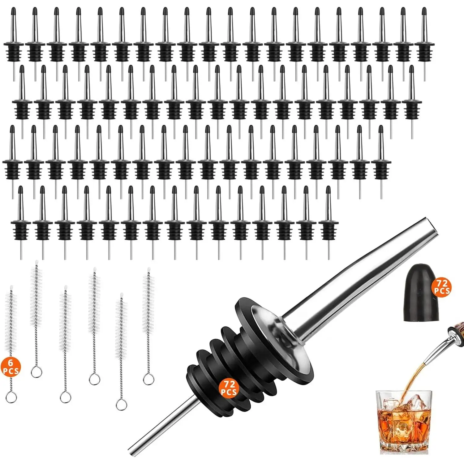 72 Pack Femilkt Stainless Steel Liquor Pour Spouts with Dust Caps, Speed Pourers for Alcohol & Olive Oil Bottles, Bar Bartender Accessories