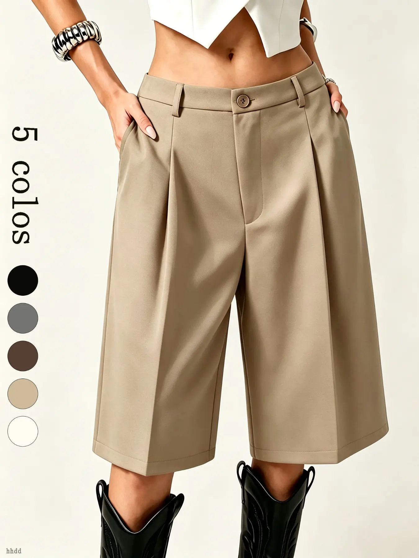 Elegant High-Waisted Pleated Knee-Length Suit Shorts with Button for Women, Loose Straight Fit Formal Shorts, Chic Home Style, Casual Daily Wear