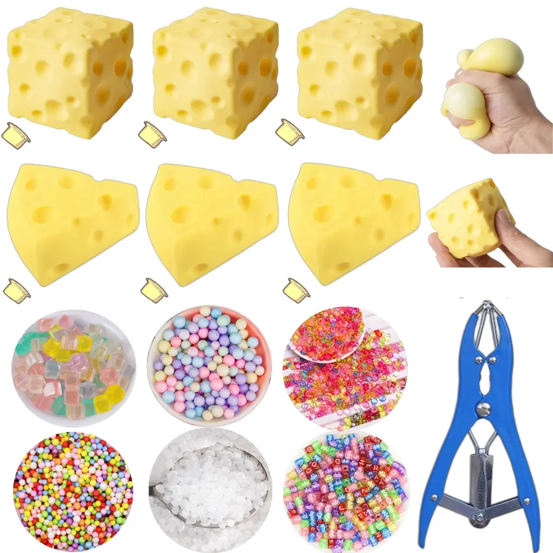 Squishy Ball Kit Making Set, Includes 6 Filling Packs, 6 Cheese Shape Blank Skins, Expansion Tool, Stress Relief Soft Ball Kit for Adults