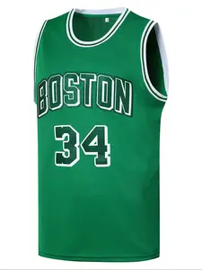 Men's 34 Green Embroidered Basketball Jersey, Casual Short Sleeve Vest, Fitted H-Type, Letter Pattern, Long Clothing, Sportswear, Casual Sporty Top, Sports Top