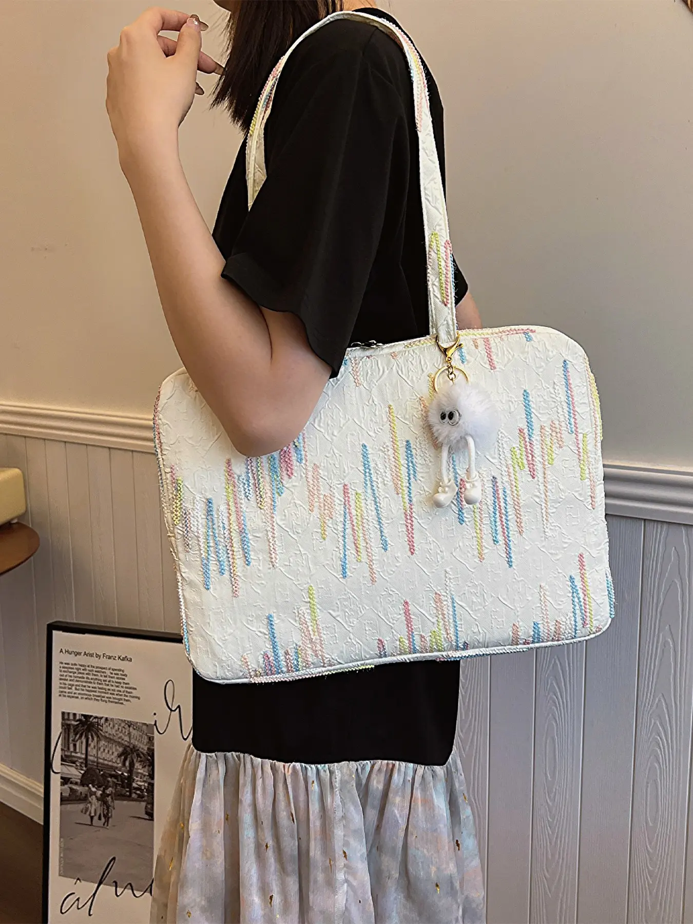 Colorful Vertical Texture Laptop Bag for Women, Large Capacity Shockproof Commuter Notebook Tote, Fits 13/14 Inch Macbook Huawei Lenovo