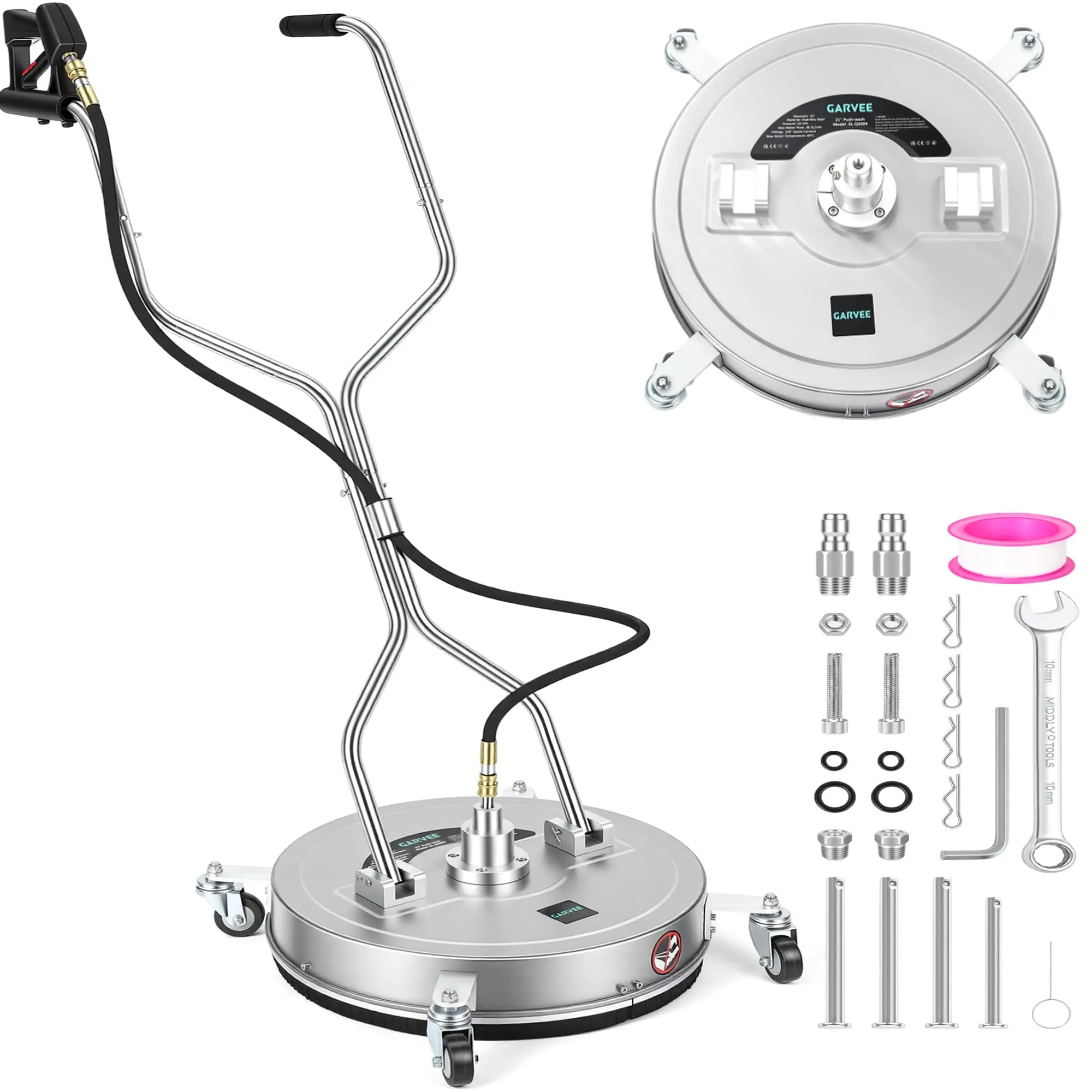 24" Commercial Pressure Washer Surface Cleaner, 4-Wheel Stainless Steel Dual Handle Rotary Floor Scrubber Attachment, 4000 PSI Max Universal Fit, Ideal for Patios Driveways Decks Sidewalks