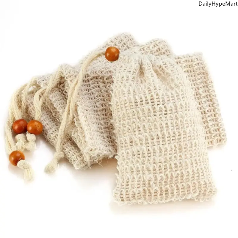 4-Pack Natural Sisal Soap Saver Woven Pouches, Eco-Friendly Exfoliating Drawstring Bags for Shower, Bath Accessories with Hang Dry Functionality, Recyclable Bags, Drying, Body Scrubber, Drawstring Pouches, Cleansing