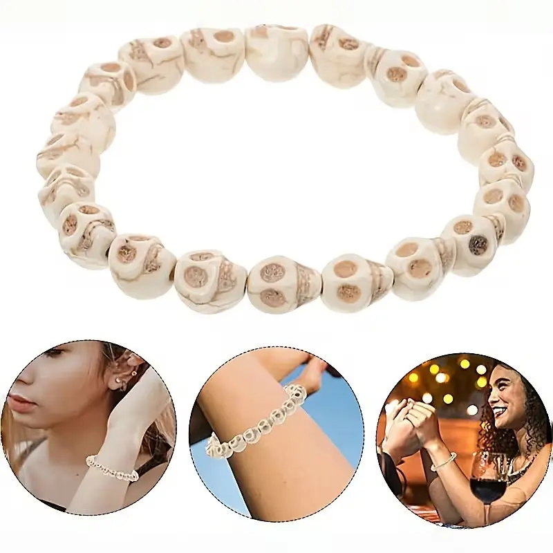 5pcs Skull Stone Bracelets, Natural Stone, Halloween Essential, Unisex Surprise Gift, Trendy Accessory for All Seasons