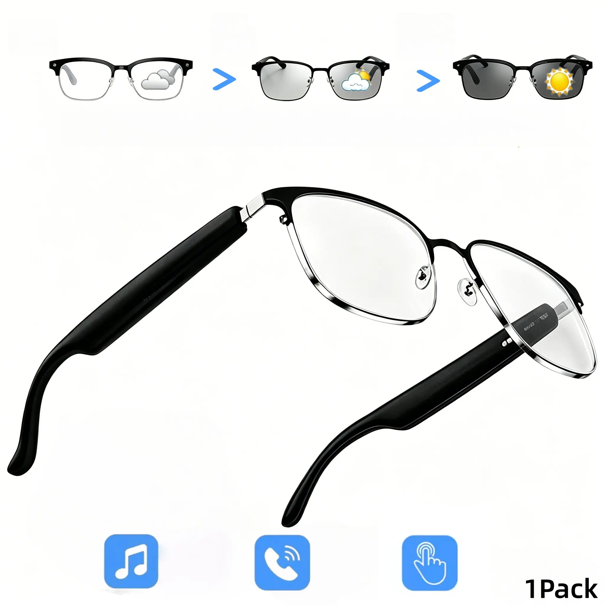Bluetooth Audio Smart Glasses with Touch Control & Voice Assistant, Photochromic Outdoor Sunglasses, Open Ear Music & Hands-Free Calls, Blue Light Blocking Eyeglasses for Work Travel, Multifunctional Smart Glasses, Wireless Audio Glasses
